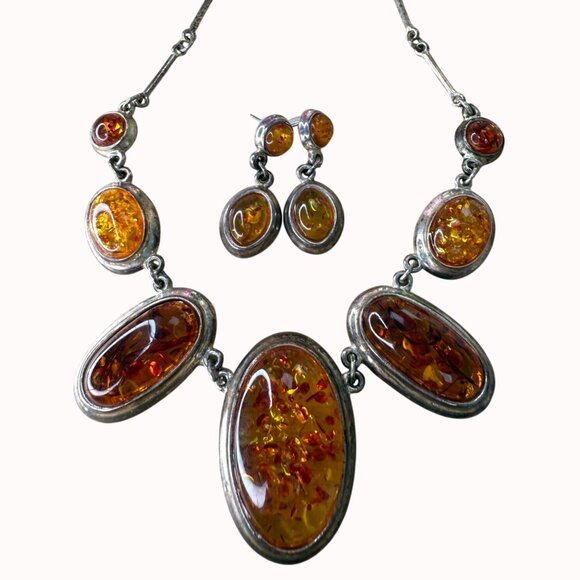 Amber Necklace & Earring Set With Silver Details - Picture 1 of 16